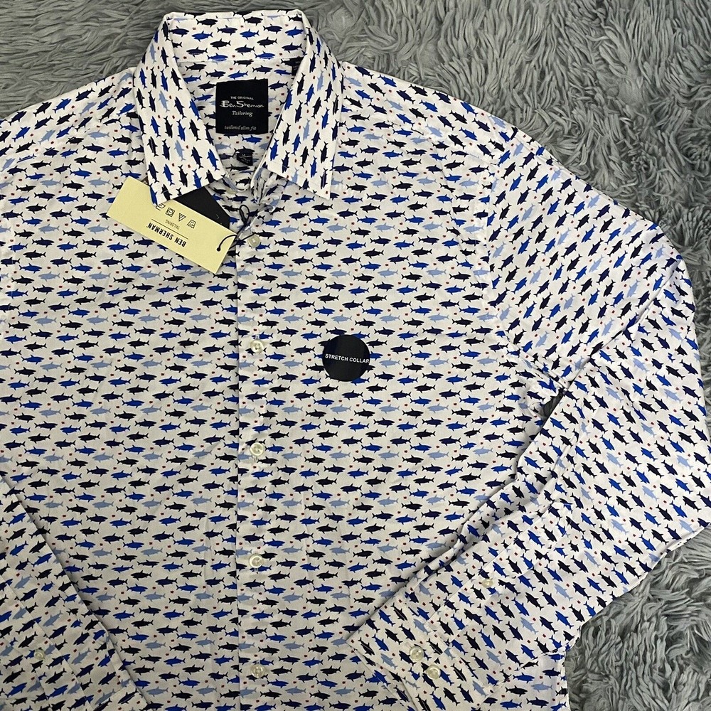 Ben Sherman Tailored Slim Fit Shark Print Button Front Shirt | Size MED 32/33